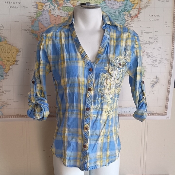Ali & Kris Tops - Ali and Kris Blue and Yellow Plaid Button-Up Shirt